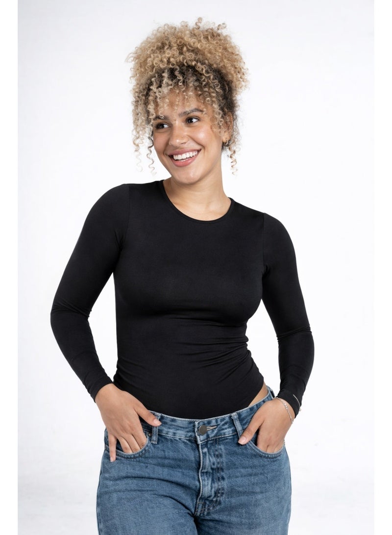 Beyond Women's Black Boat neck Long sleeve bodysuit - Image 1